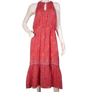 Joie Silk Midi Dress Red Floral Boho Tiered Keyhole Lined | Size M